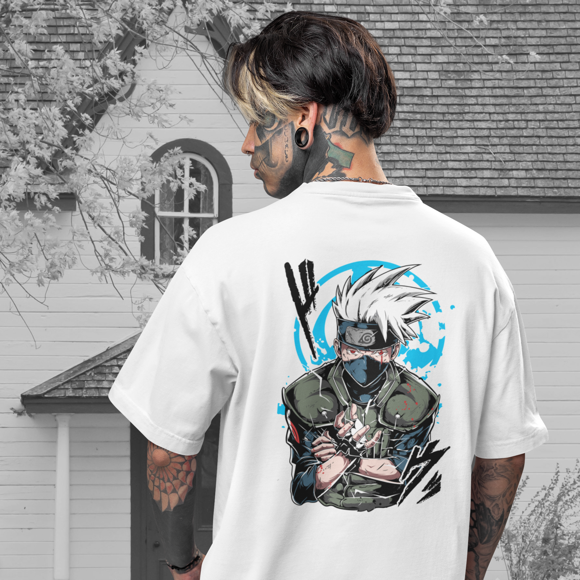 Men kakashi hatak Anime Oversized Back Print crew neck Tee