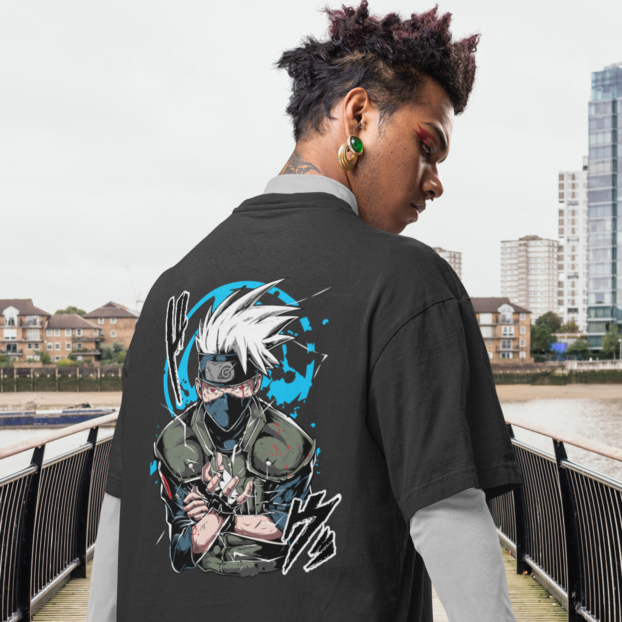 Men kakashi hatak Anime Oversized Back Print crew neck Tee