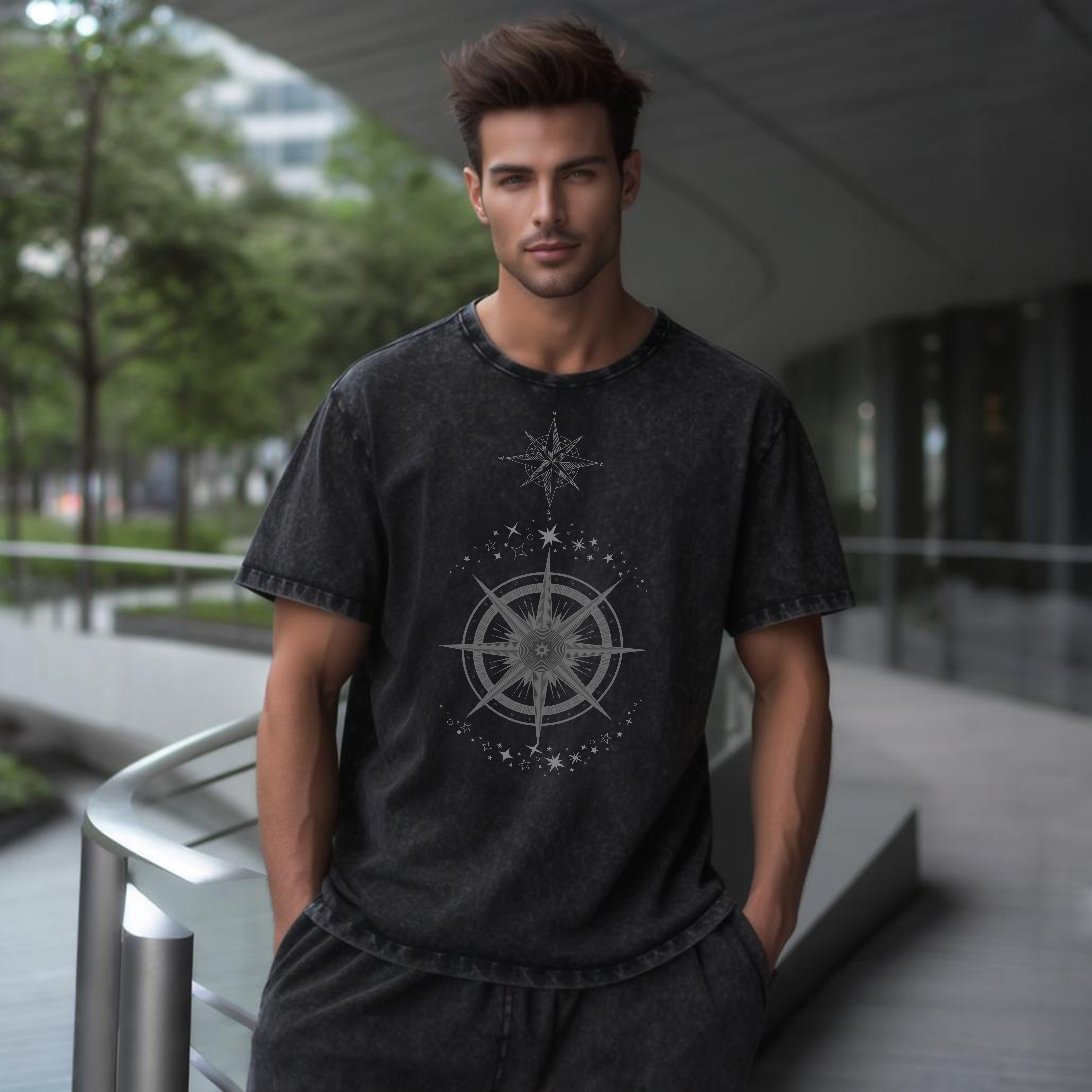 Oversized black t-shirt with a geometric acid wash graphic design