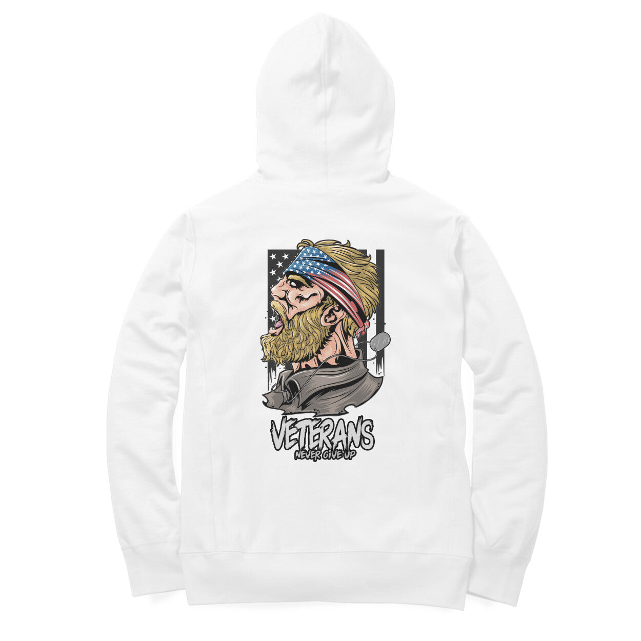 White oversized hoodie with back print of veteran skull and flag