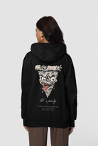 black hoodie with a graphic design on the back 