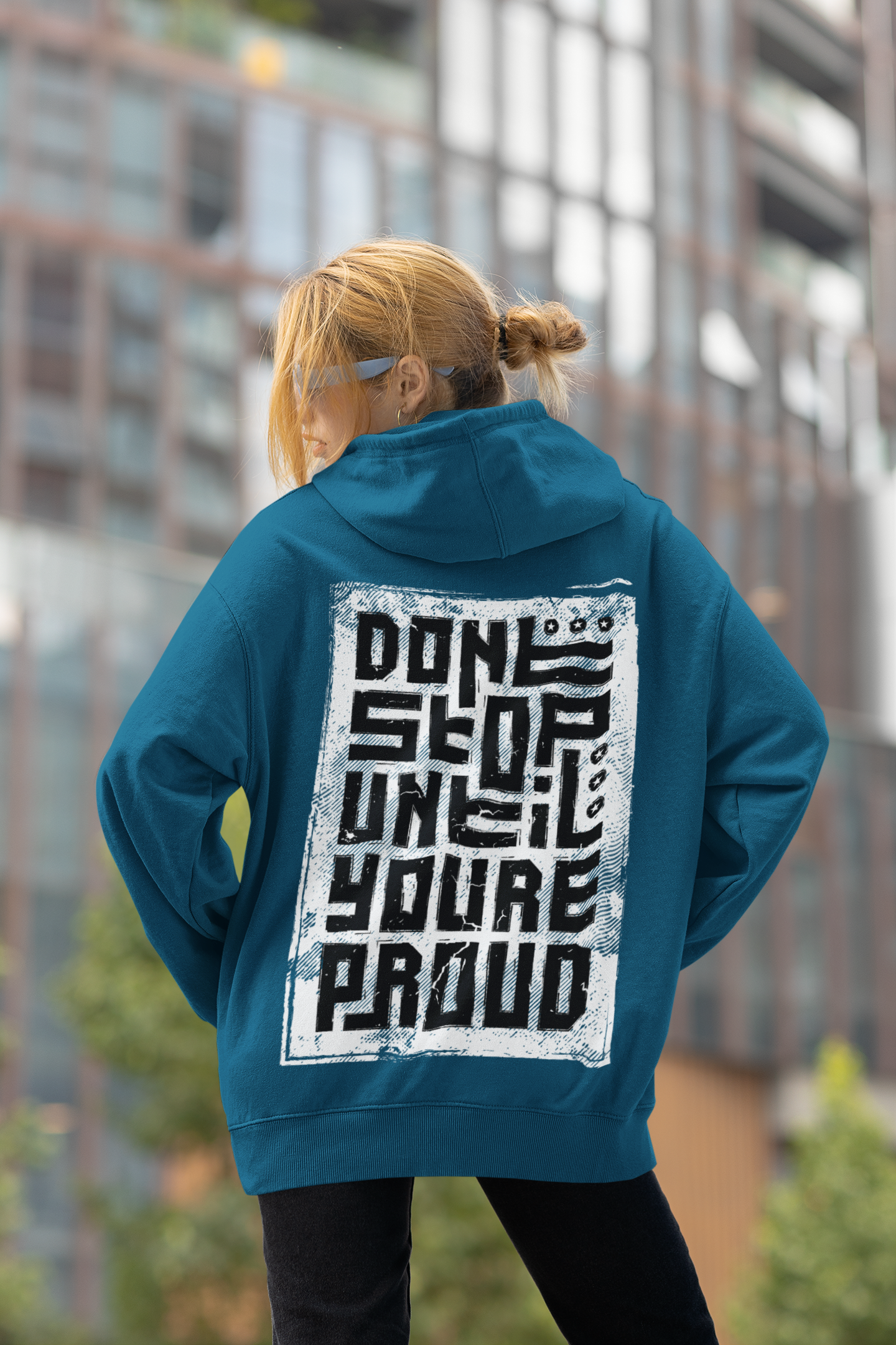 navy blue graphic back printed oversized hoodie for women