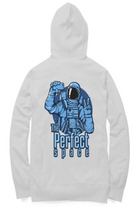 Grey hoodie with blue astronaut graphic and 'The Perfect Space' text on a white background