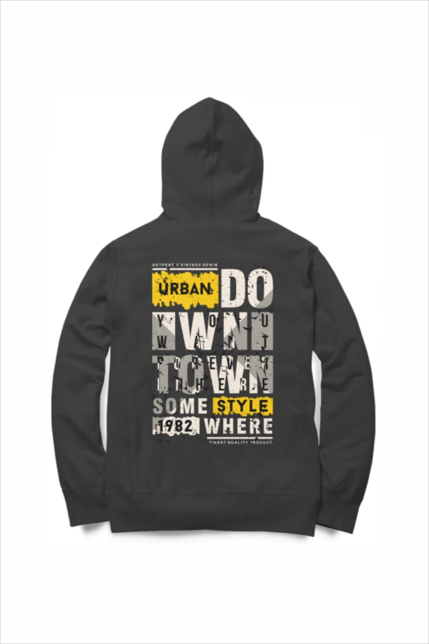 Black hoodie with text on the back on a white background