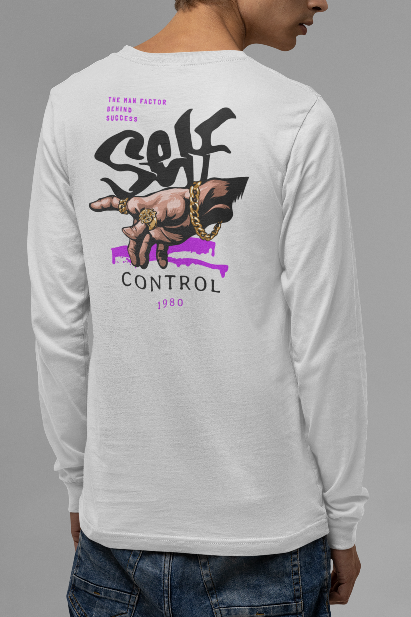 Self Control-Grey Back Graphic Printed Full Sleeve Regular Fit Tshirt for Men