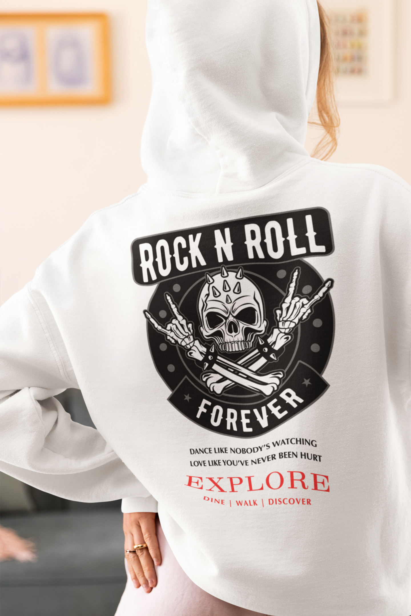 White hoodie with a graphic design 