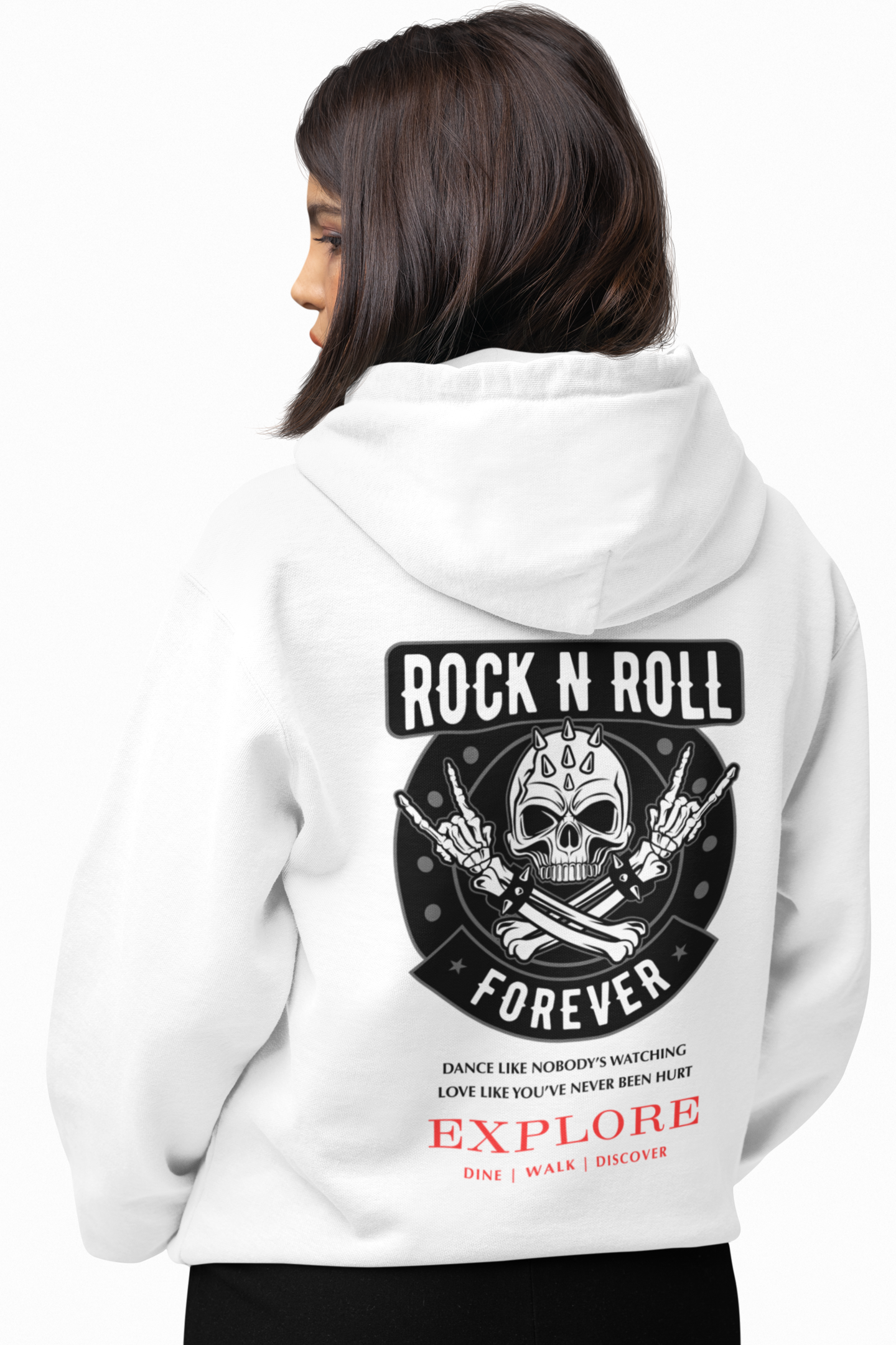 white hoodie with a skull design and text on the back