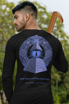 black long-sleeve shirt with a pyramid design on the back