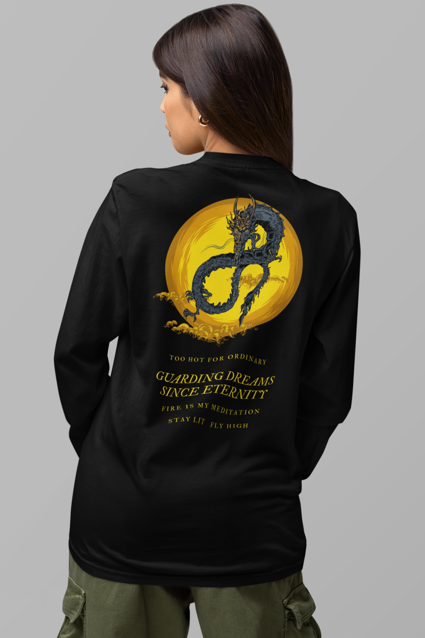 Women’s black t-shirt with dragon graphic print on back