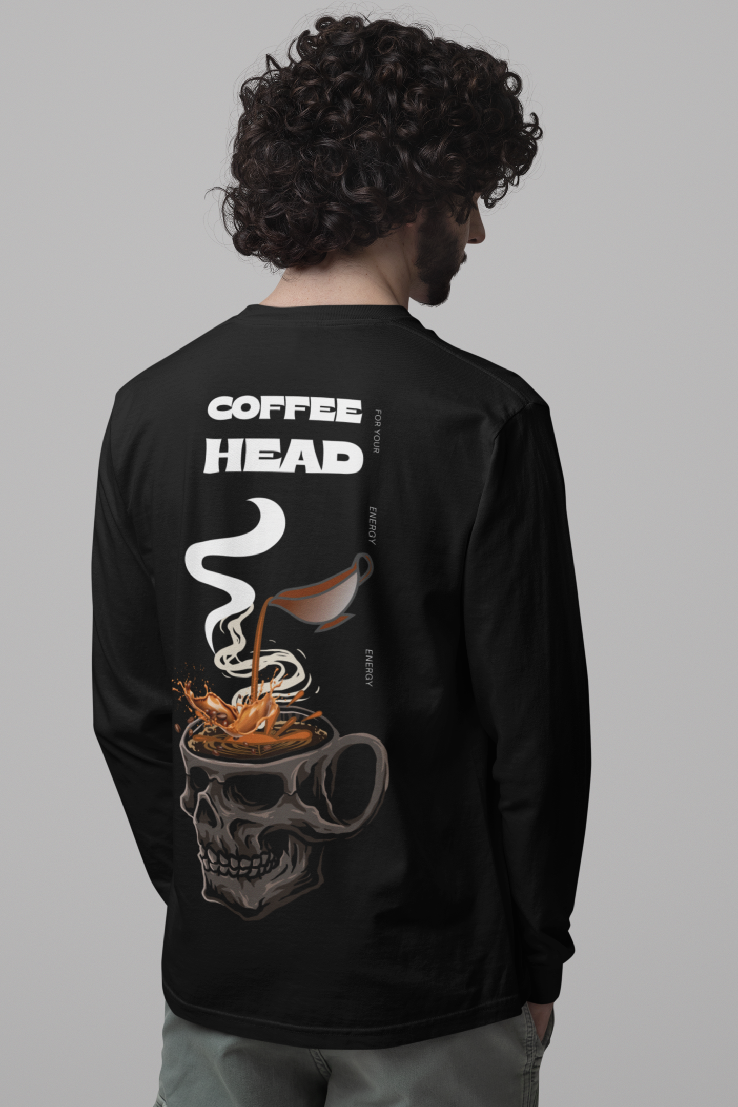 Men’s black round neck back printed t-shirt with coffee quote