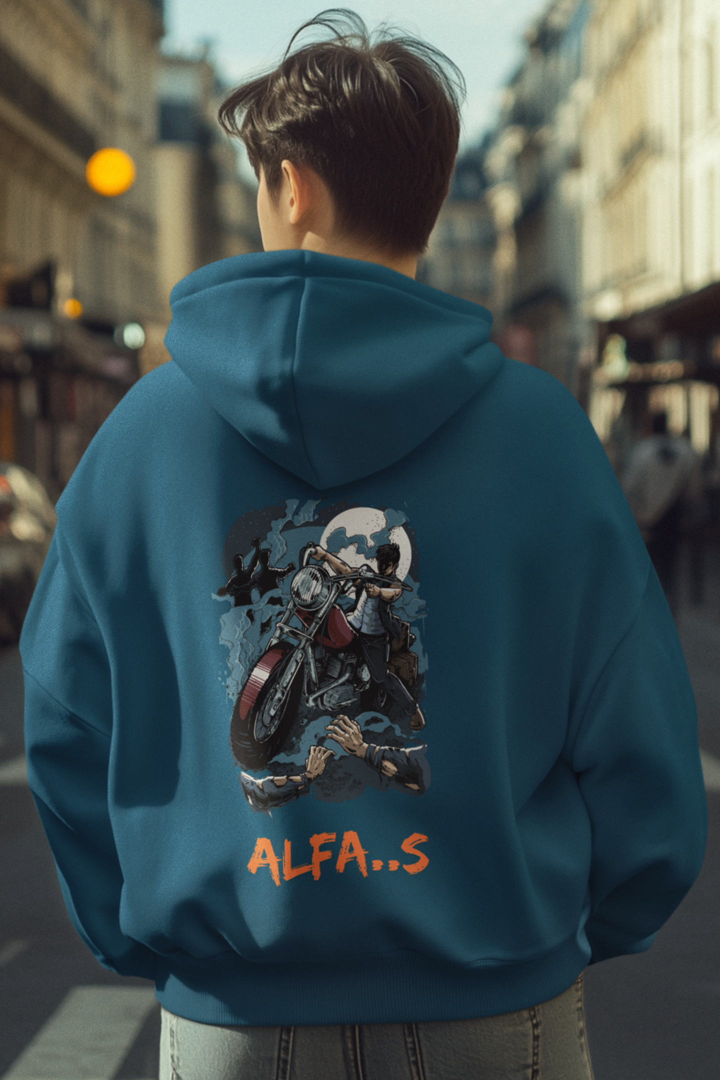 alfa’s navy blue oversized graphic back printed hoodie for men