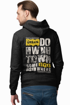 black hoodie with text on the back, 
