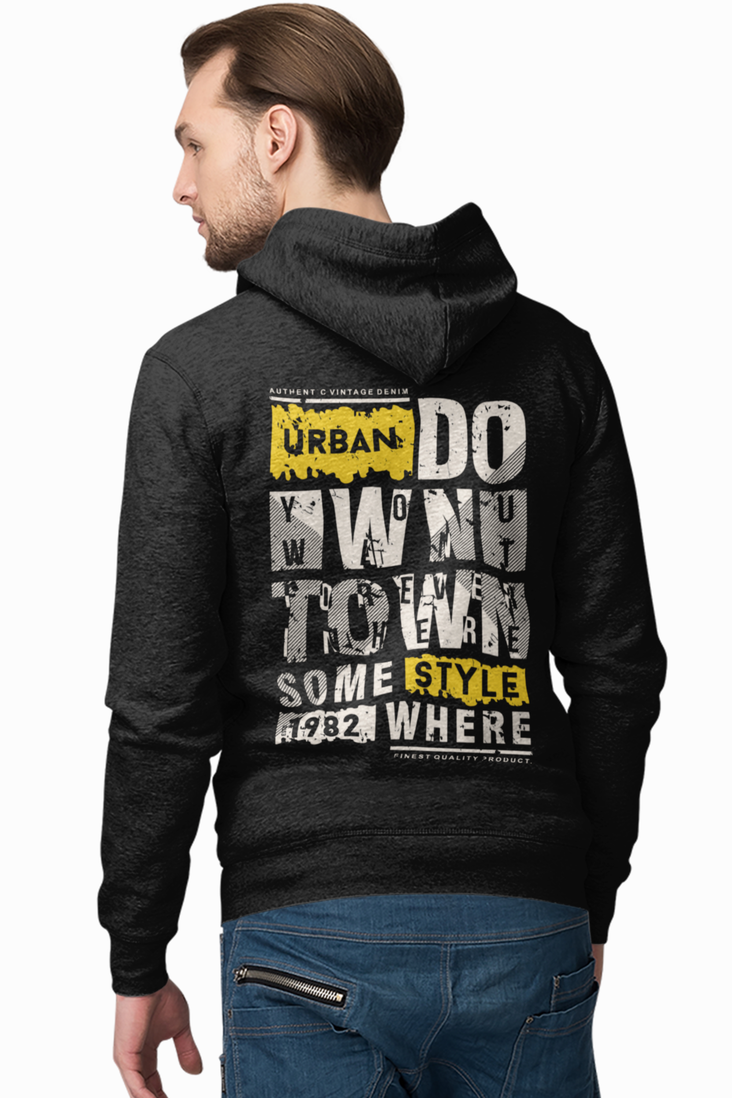 black hoodie with text on the back, 