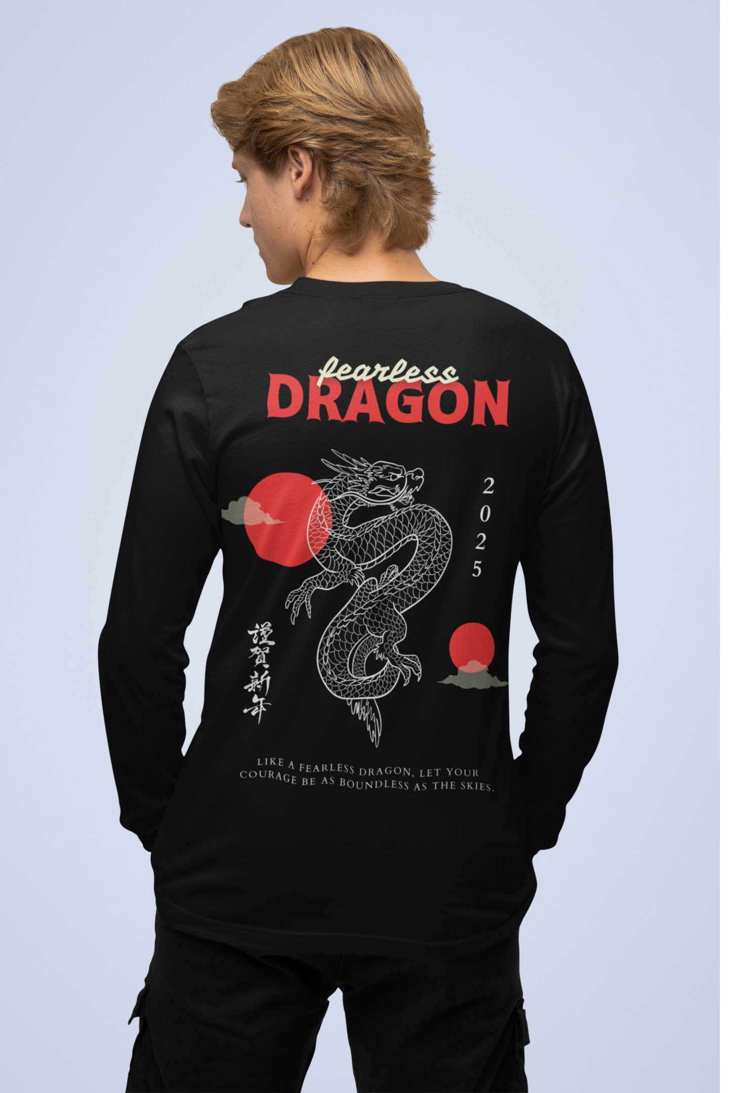 Black full-sleeve men’s t-shirt with dragon back print