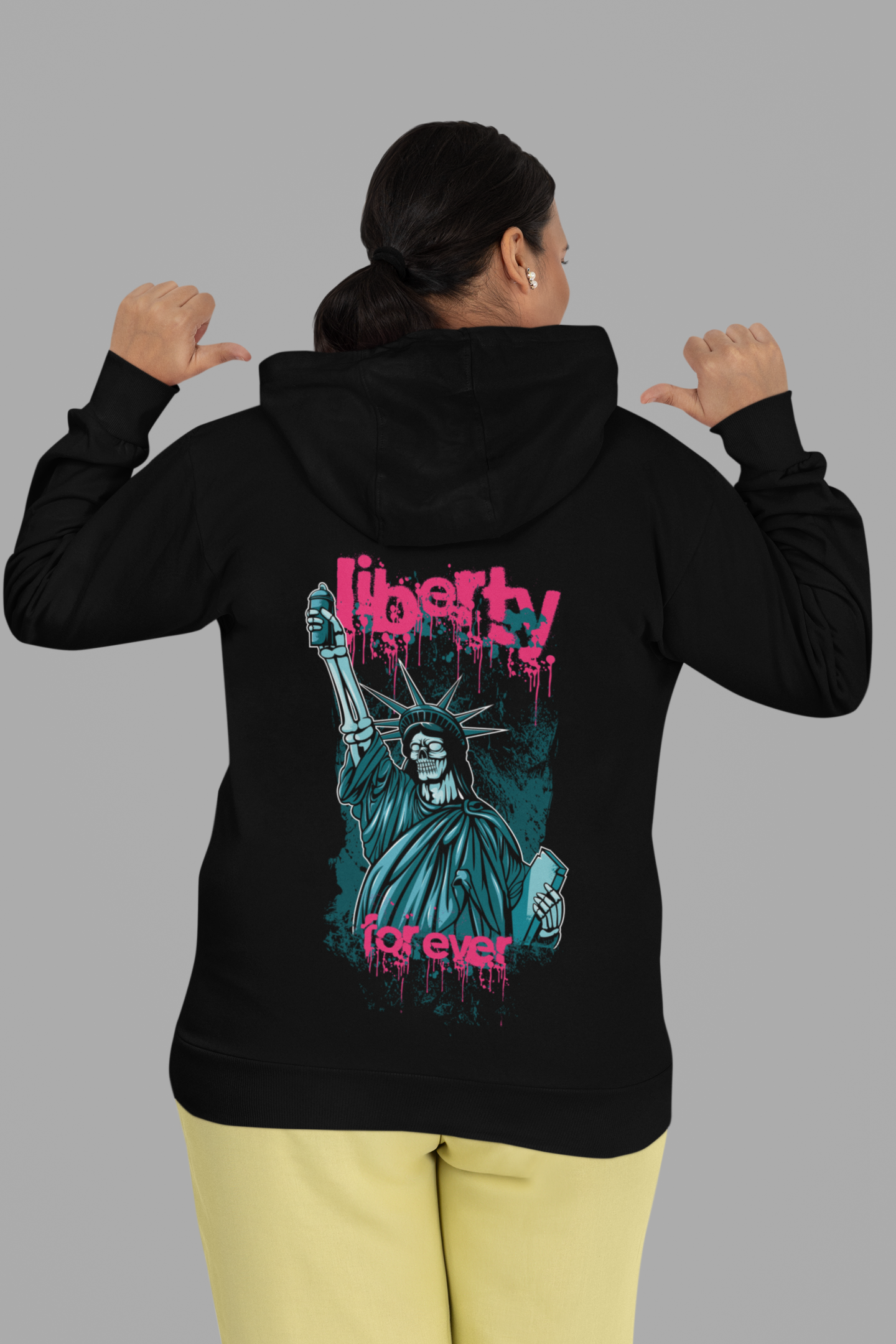 liberty black back graphic printed hoodie for women