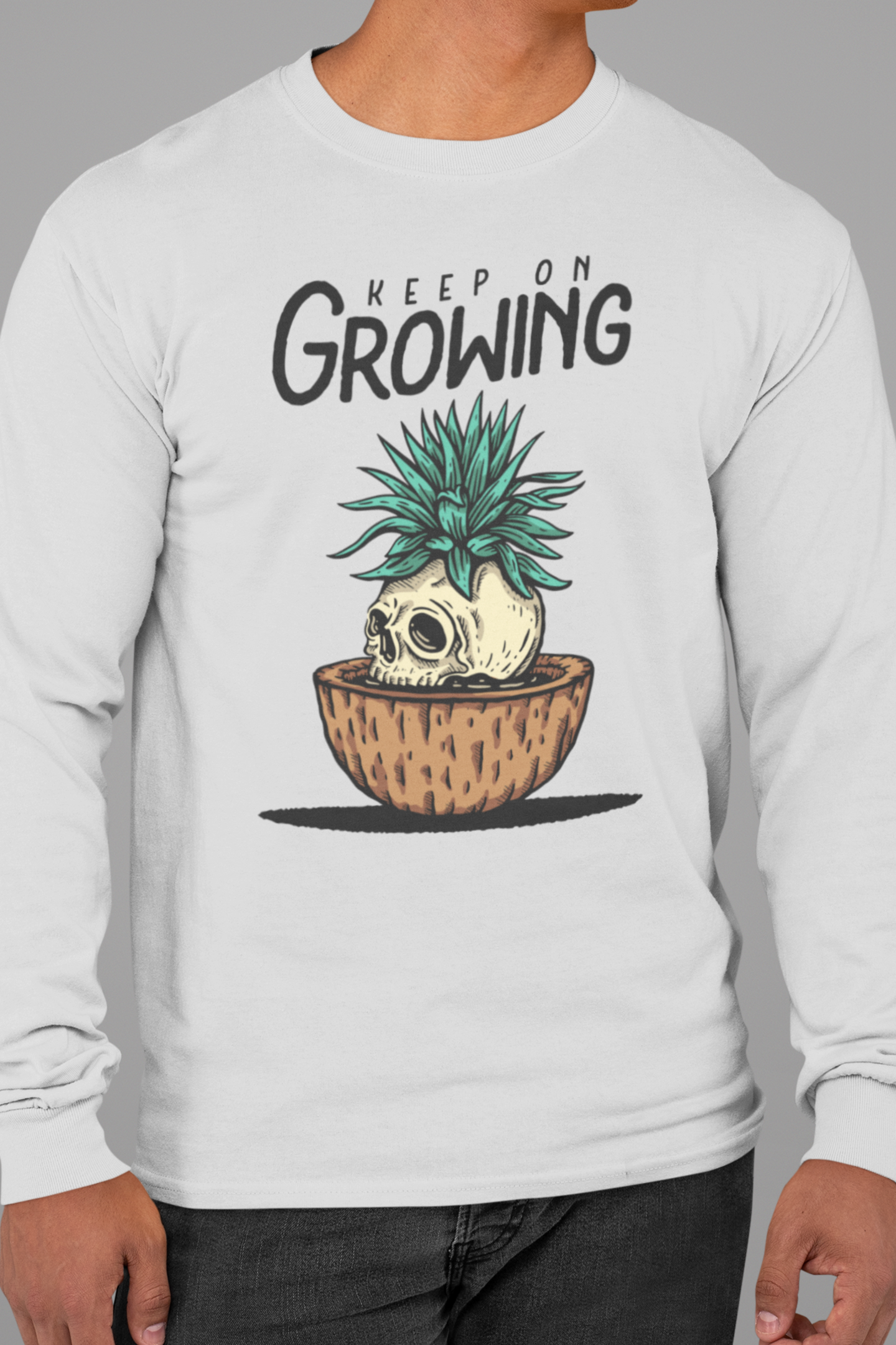 Grey full sleeve oversized t shirt for men back print