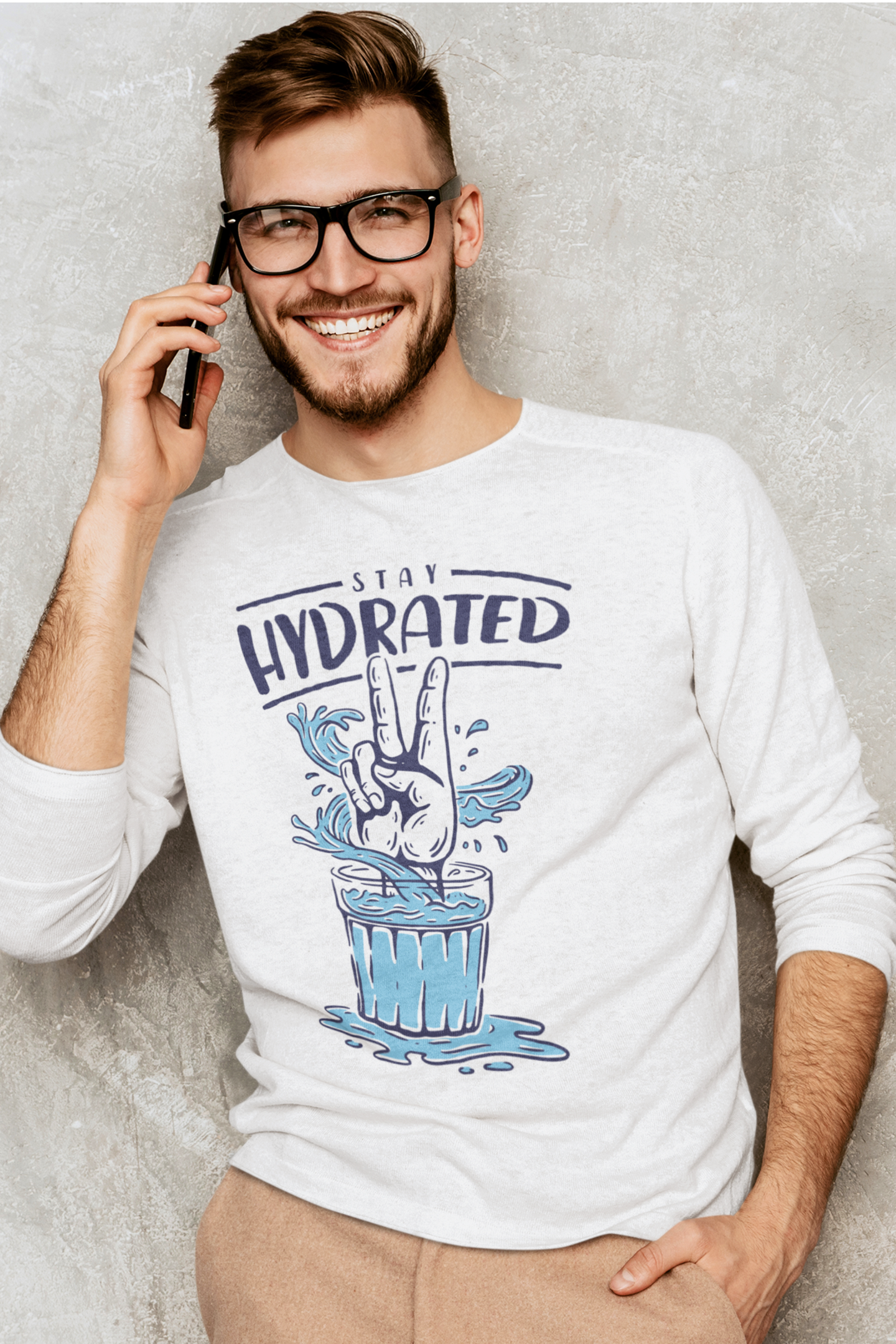 White full sleeve round neck graphic T-shirt men streetwear