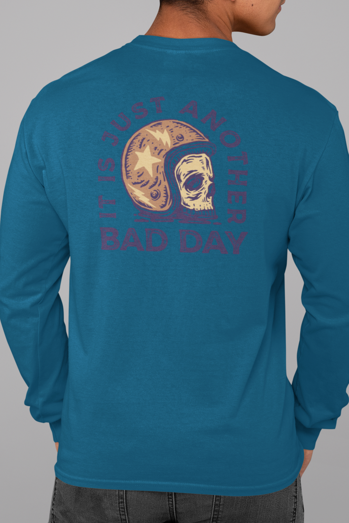 Back graphic printed navy blue full sleeve T-shirt for men