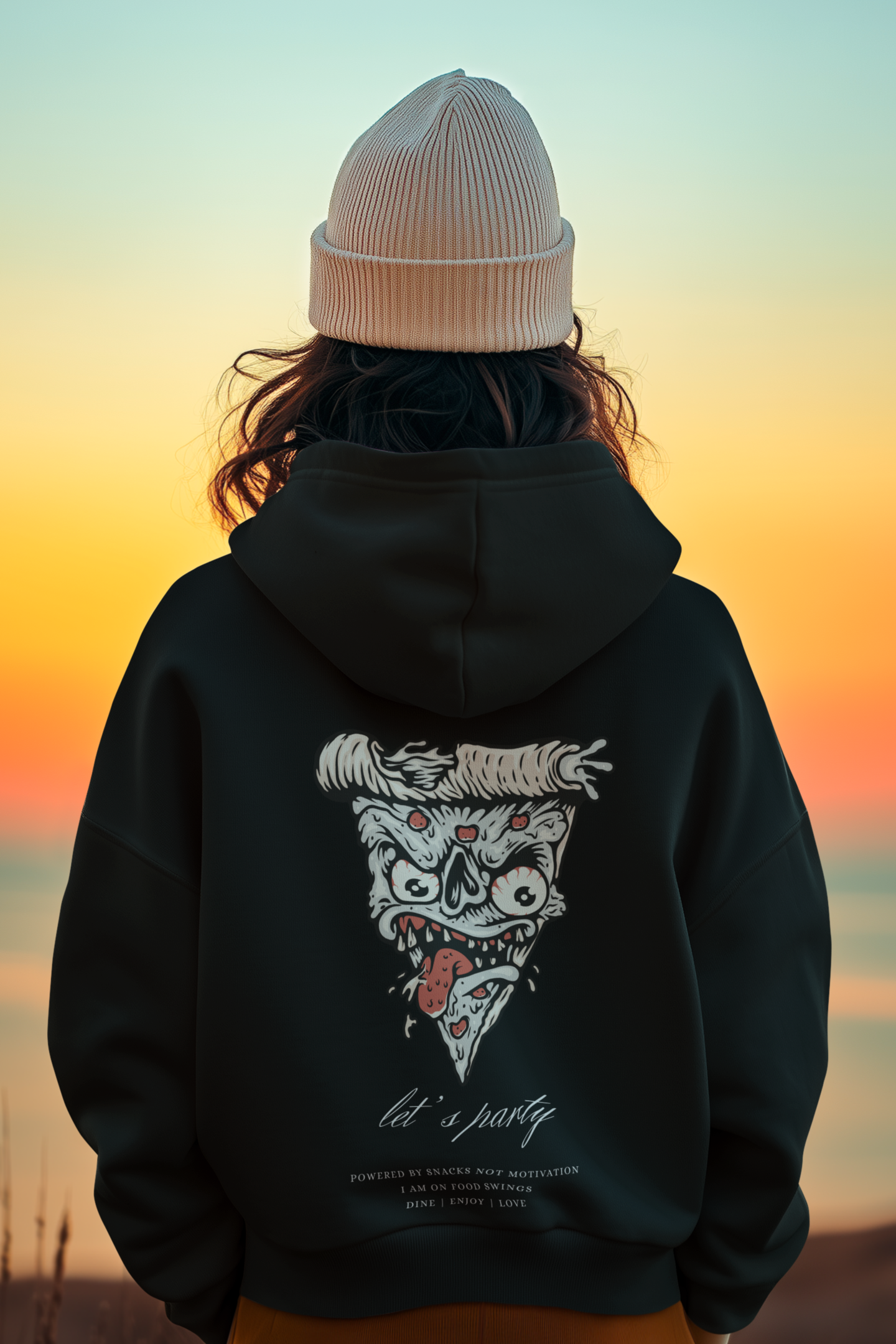 black hoodie with a pizza design and 'let's party' text