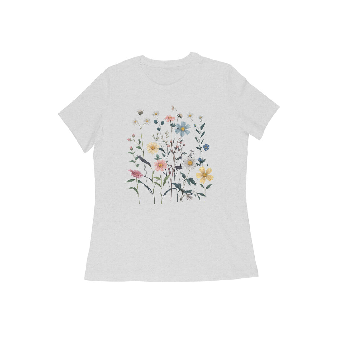 Blossoms printed crew neck half sleeve T-shirt for Women.