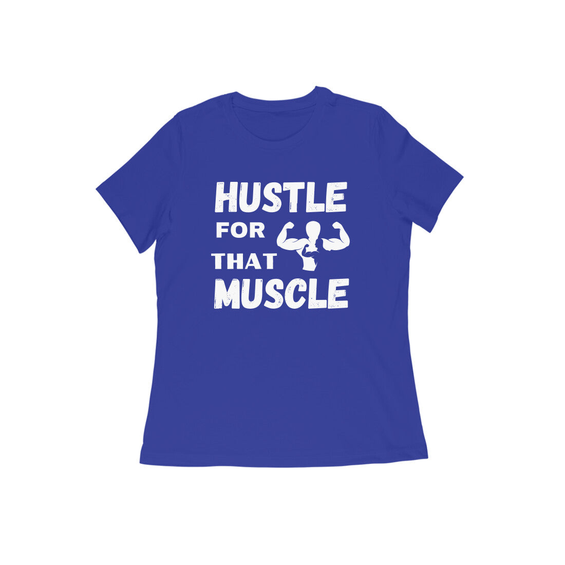 A woman wearing a black crew neck t-shirt with the text 'HUSTLE FOR THAT MUSCLE' printed on the front.