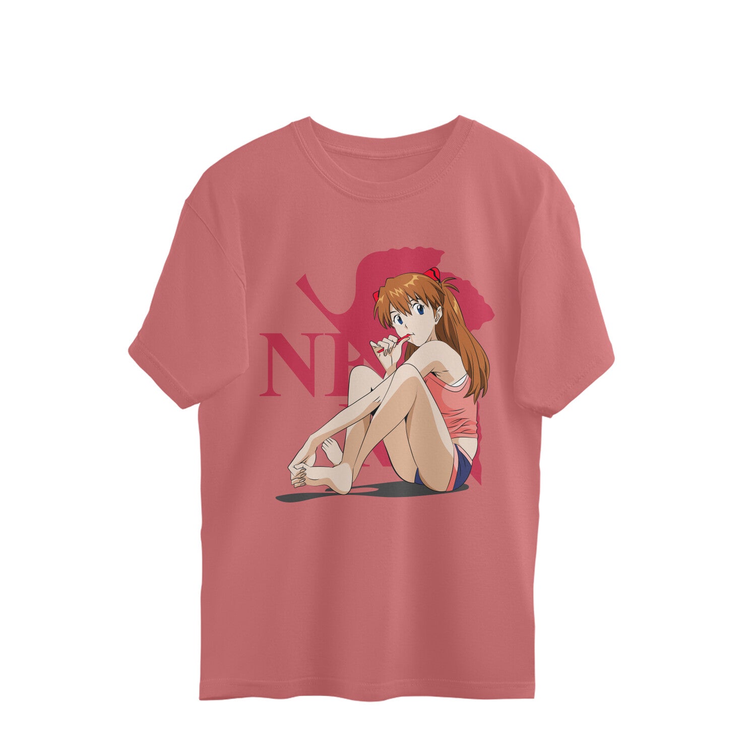 Women asuka langley anime printed oversized crew neck Tee