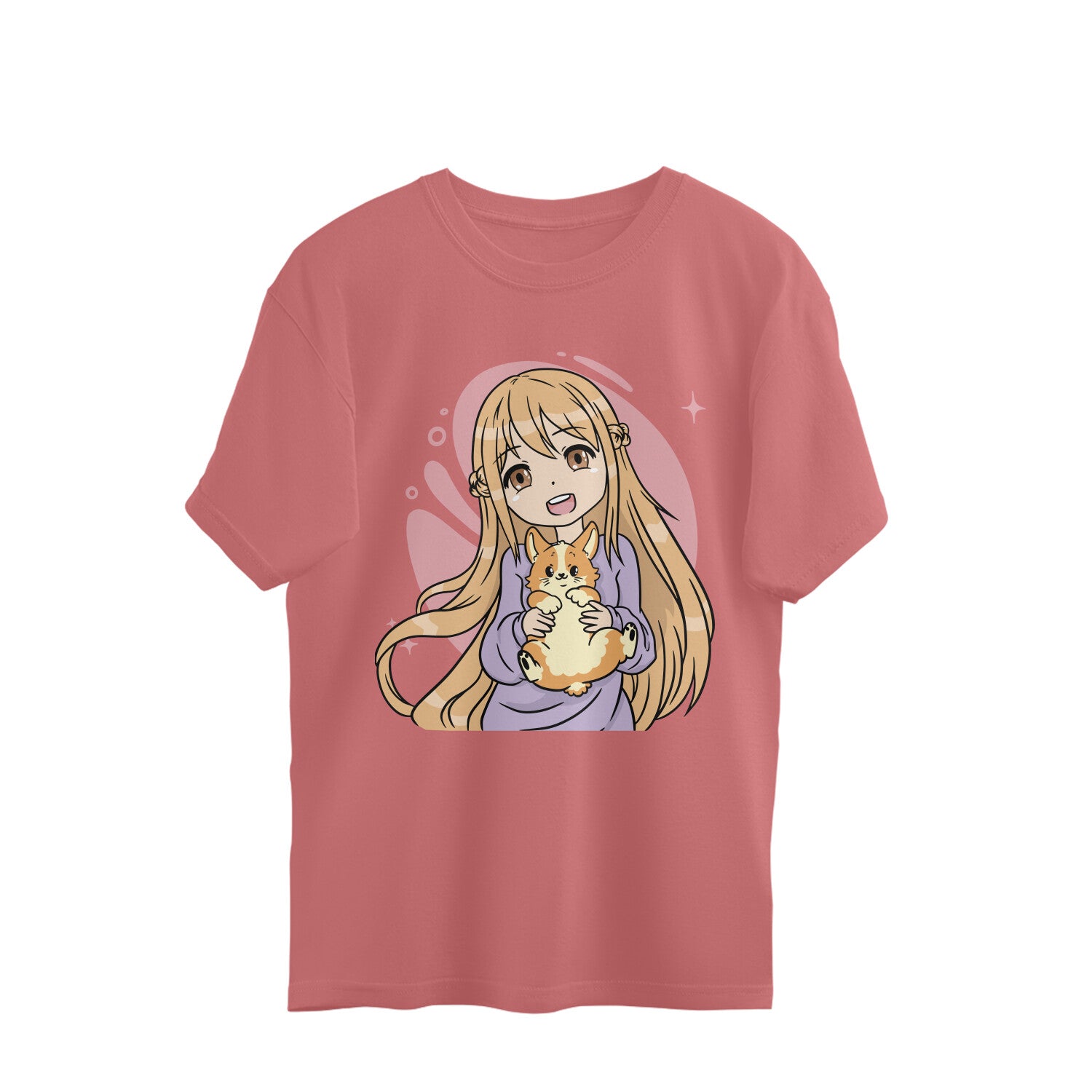 Women corgi dog anime printed oversized crew neck Tee