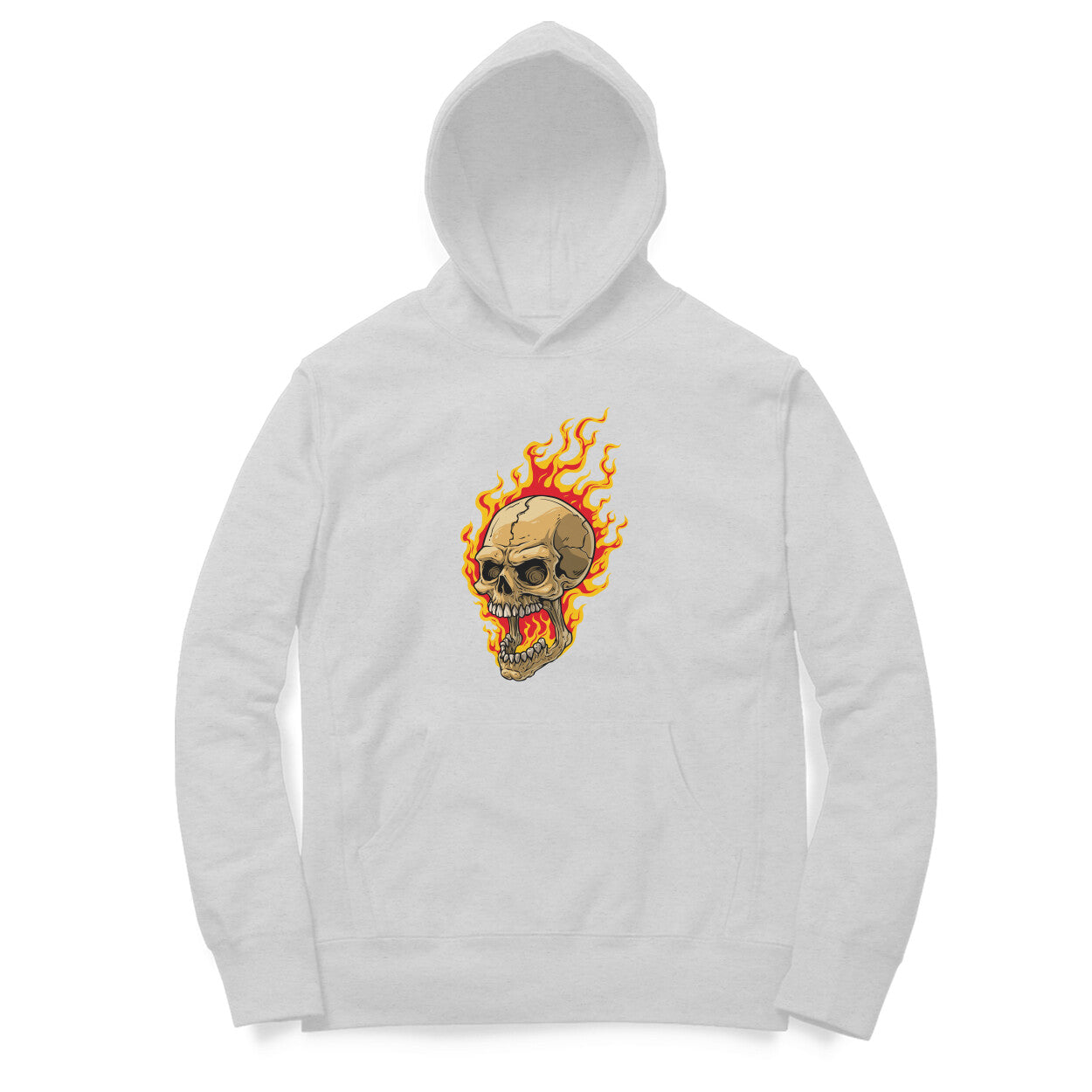 wearing hoodie, showing blazing skull design