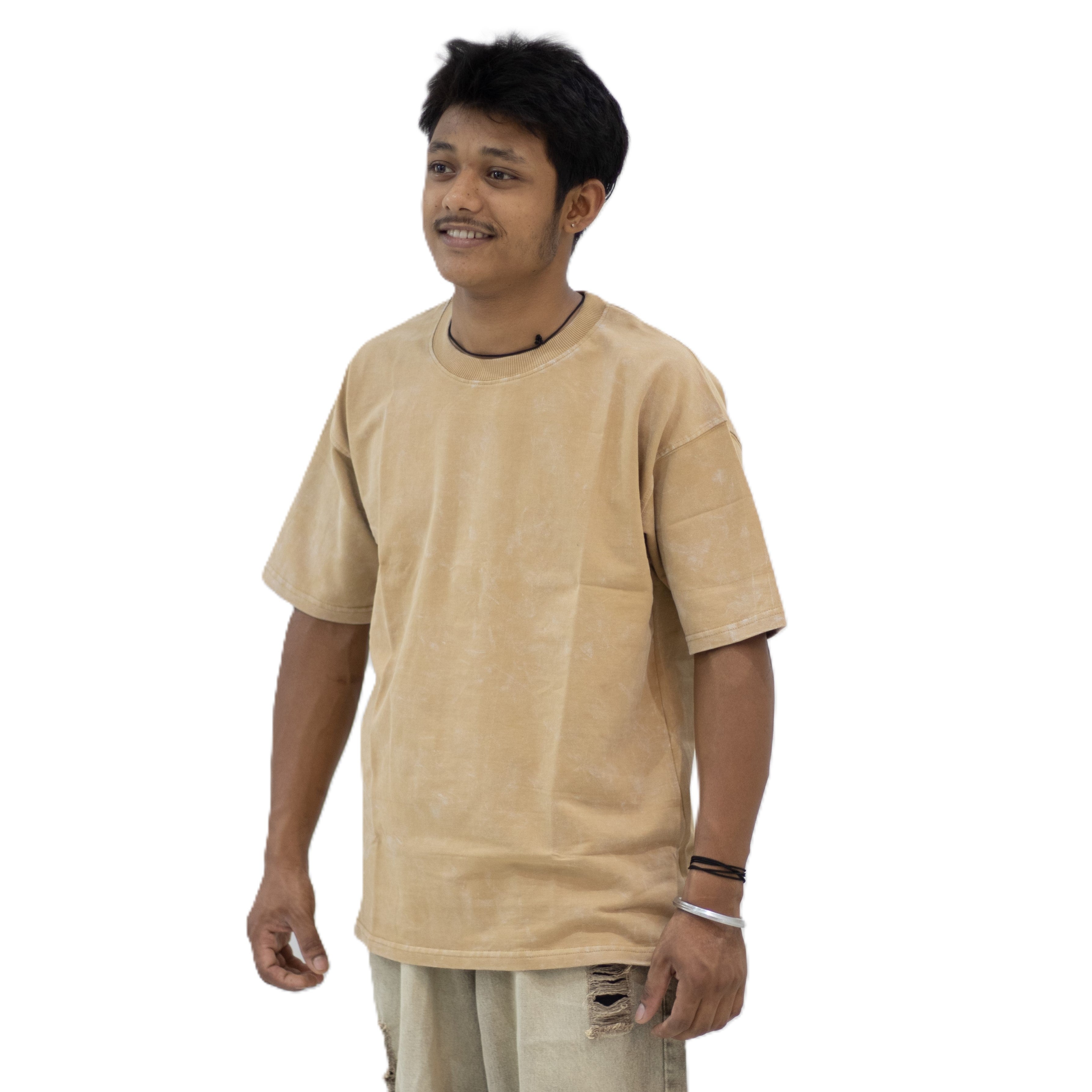 men’s acid wash beige oversized round neck t-shirt
